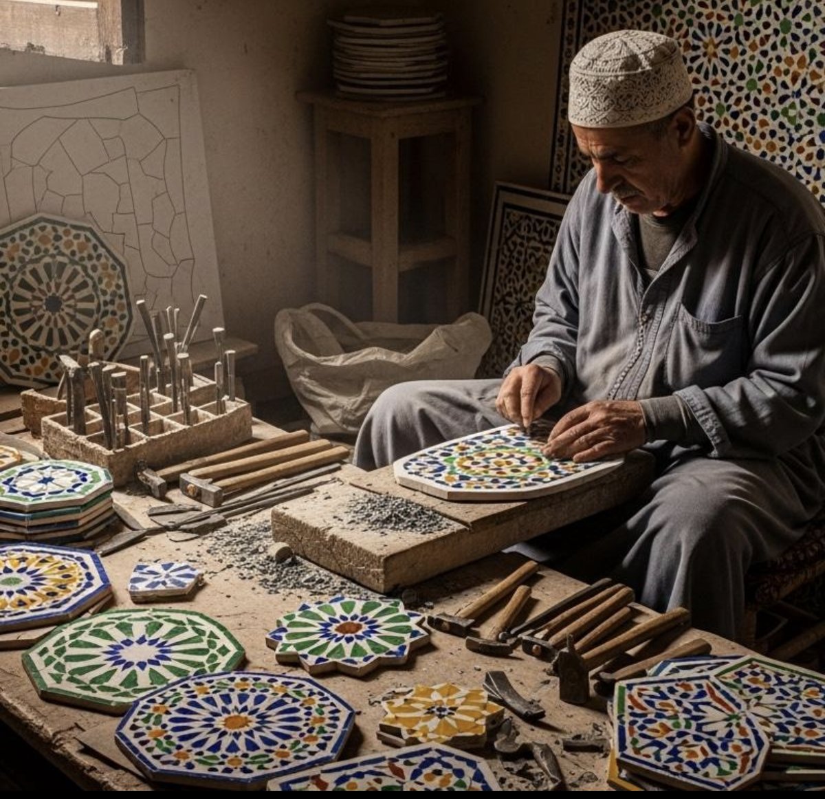 Artisan crafting traditional zellige mosaics