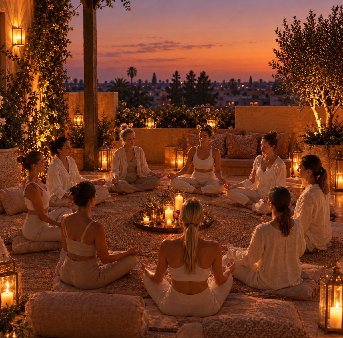Group meditation by candlelight on a terrace at sunset