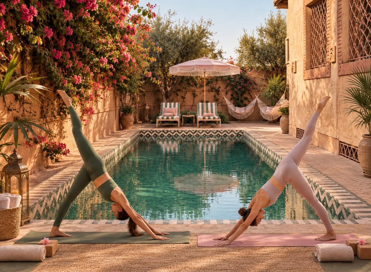 Yoga session by the pool among bougainvillea